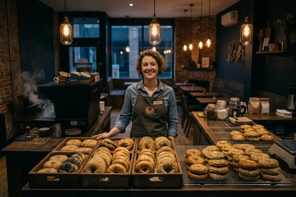 Bagel shop counter stocked with fresh bagels
